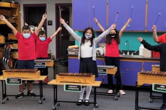 a group of children in front of xylophones raise their arms triumphantly